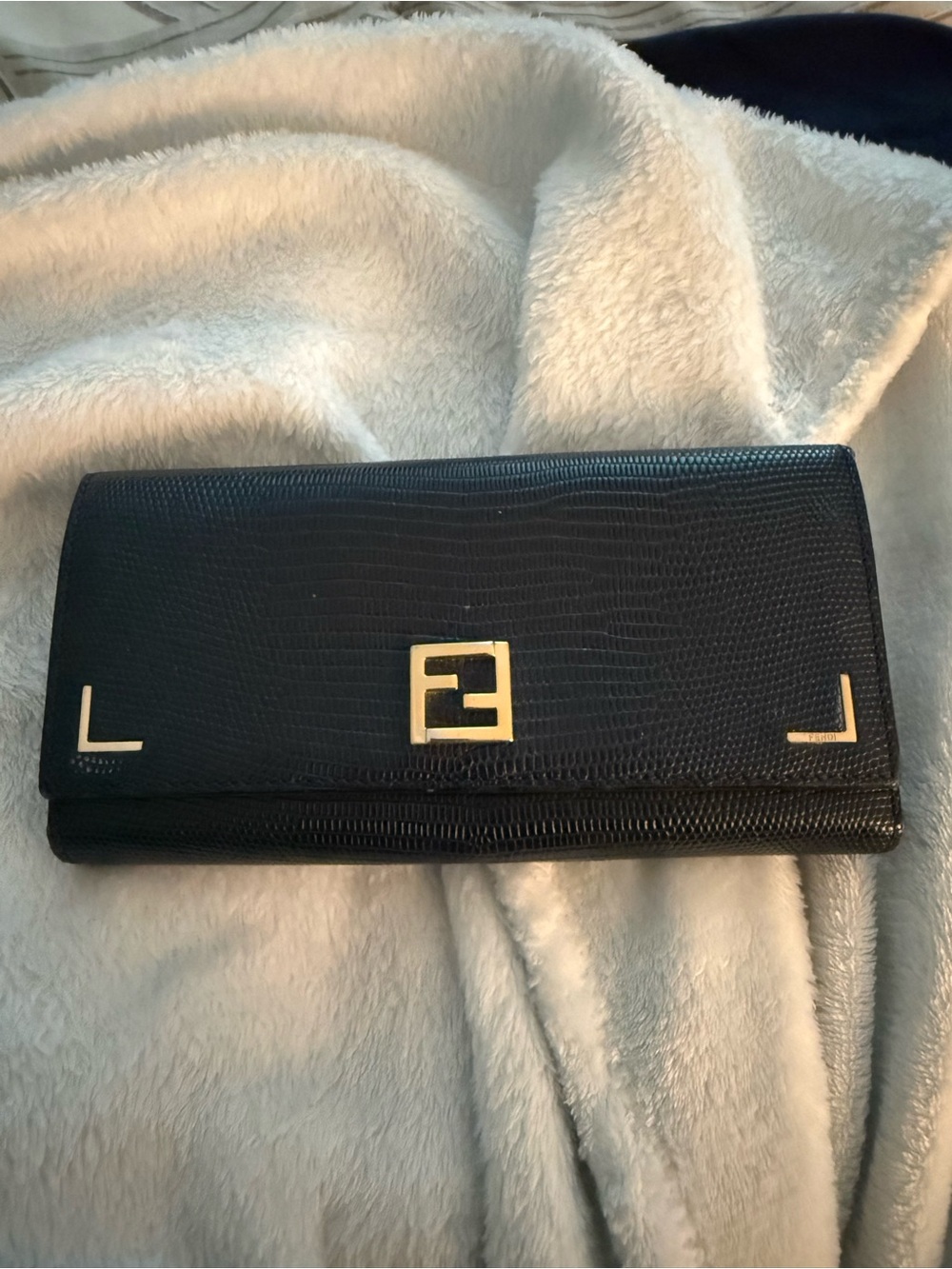 Fendi Black Lizard-Embossed Leather Continental Clutch with Gold Accents